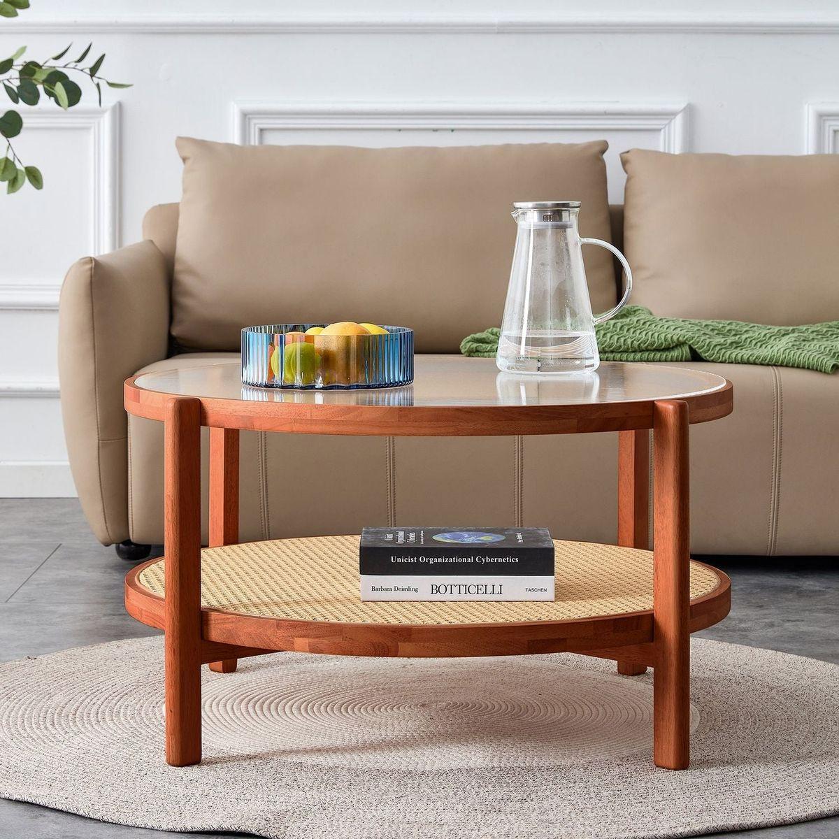 Modern minimalist circular double-layer solid wood coffee table, craft glass tabletop, second layer material: PE rattan, solid wood frame. 34.6 'x 34.6' x 17.7"