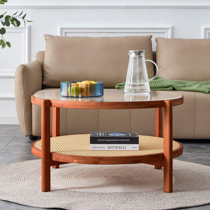 Modern minimalist circular double-layer solid wood coffee table, craft glass tabletop, second layer material: PE rattan, solid wood frame. 34.6 'x 34.6' x 17.7"