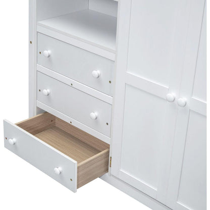 Wood Full Size Loft Bed with Built-in Wardrobe, Desk, Storage Shelves and Drawers, White