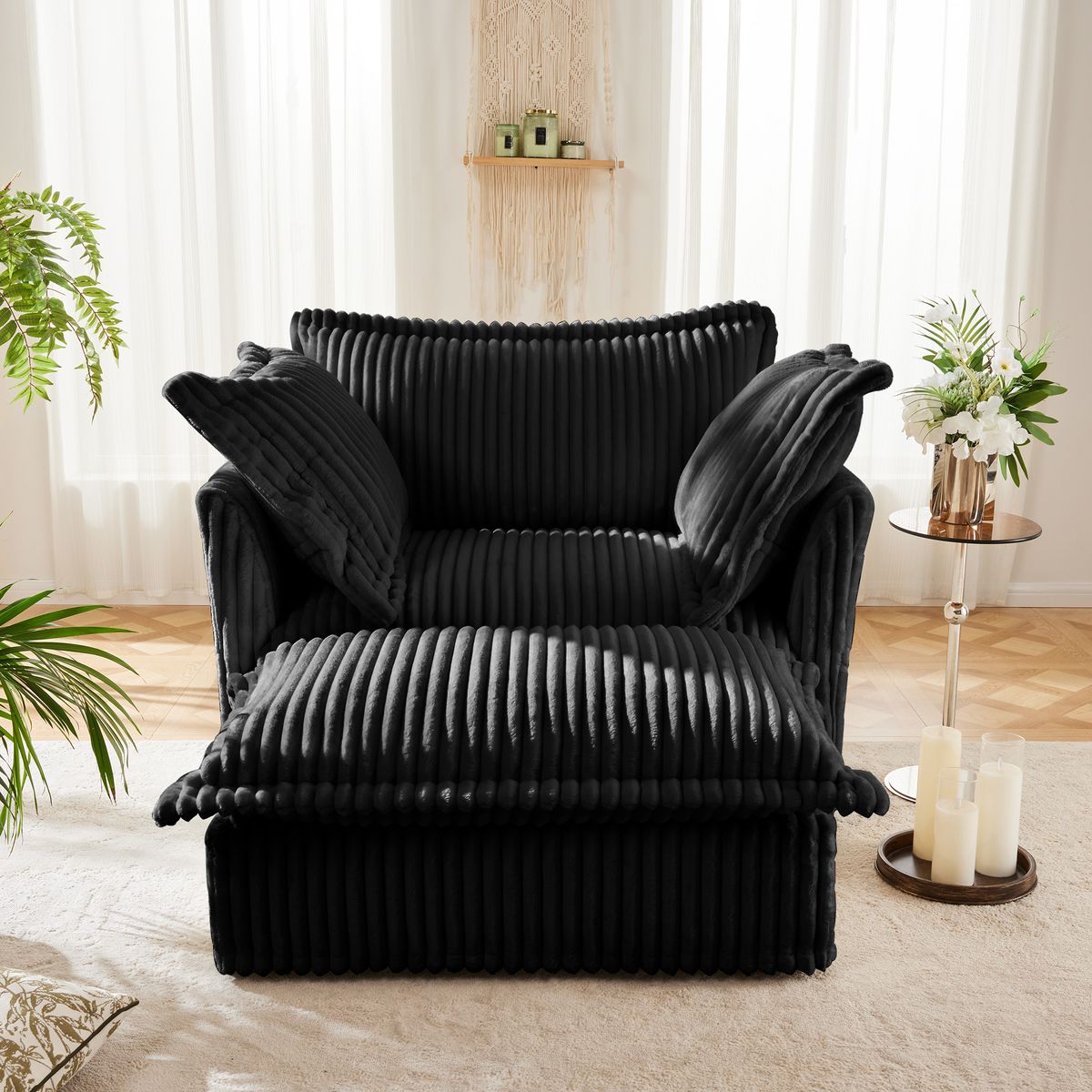 Upholstered Slipcovered Armchair with Ottoman,  Deep Seat Armchair W/ Wide Ottoman for Living Room, Armchair Sets with Large Soft Pillows(Set of 2), Black Corduroy Fabric