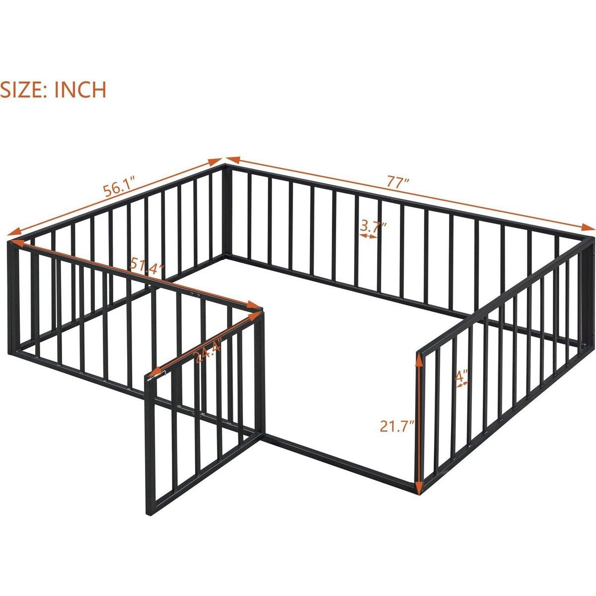 Full Size Metal Floor Bed Frame with Fence and Door, Black