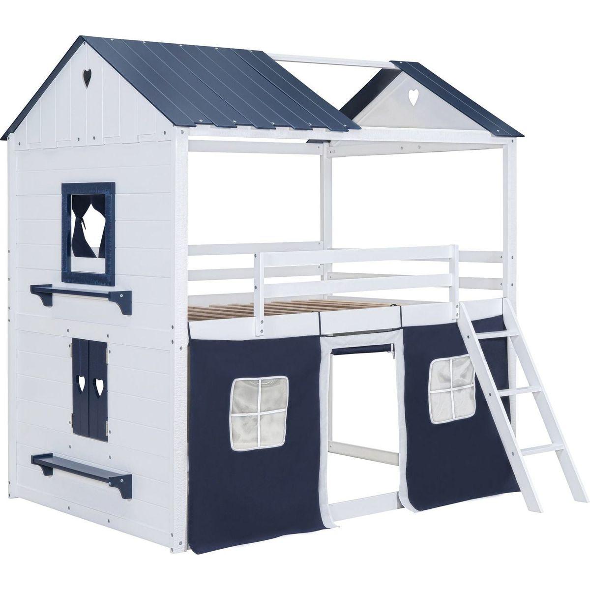 Full Size Bunk Wood House Bed with Elegant Windows, Sills and Tent, Blue+White