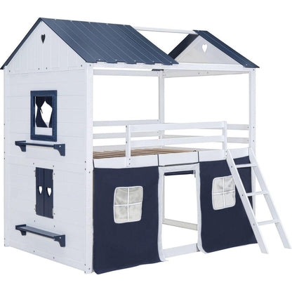 Full Size Bunk Wood House Bed with Elegant Windows, Sills and Tent, Blue+White