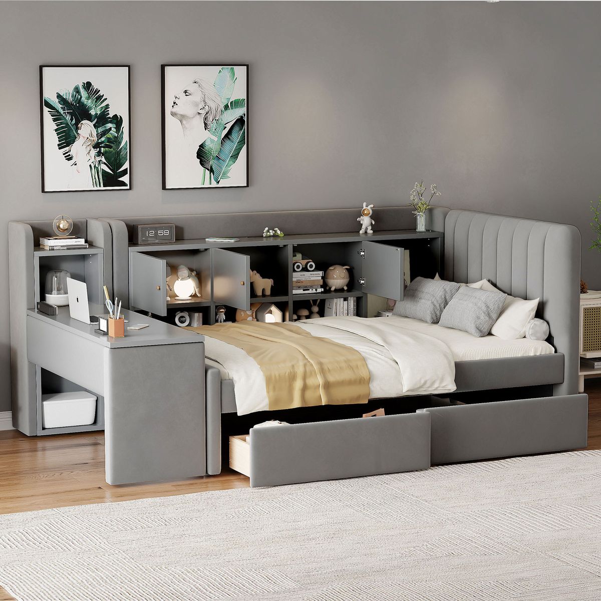 Twin Size Upholstered Daybed with Drawers, Shelves, Flip Cabinets & Side Table (Gray)