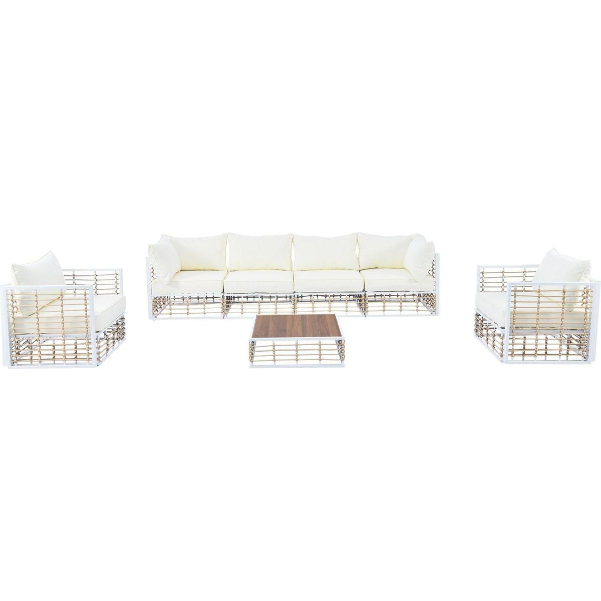 Modern Minimalist 7-Piece Metal Patio Sectional Sofa Set, All-Weather Garden Conversational Furniture Set with Thick Cushions and Coffee Table for Indoor Outdoor, White
