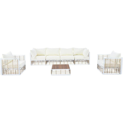 Modern Minimalist 7-Piece Metal Patio Sectional Sofa Set, All-Weather Garden Conversational Furniture Set with Thick Cushions and Coffee Table for Indoor Outdoor, White