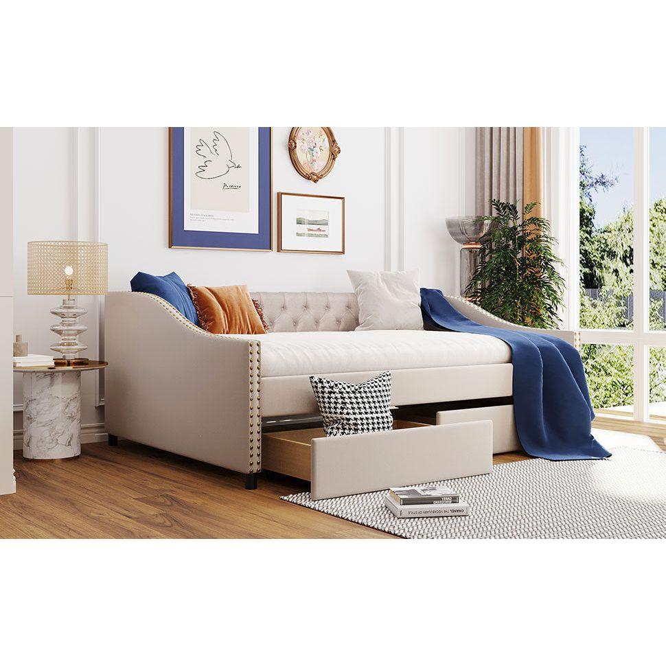 Upholstered daybed with Two Drawers, Wood Slat Support, Beige, Full Size