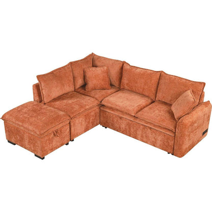 82.67"Convertible Sofa Bed Sectional Sofa Sleeper L-shaped Sofa with a Storage Ottoman,Two Pillows, Two Power Sockets and Two USB Ports for Living Room, Orange