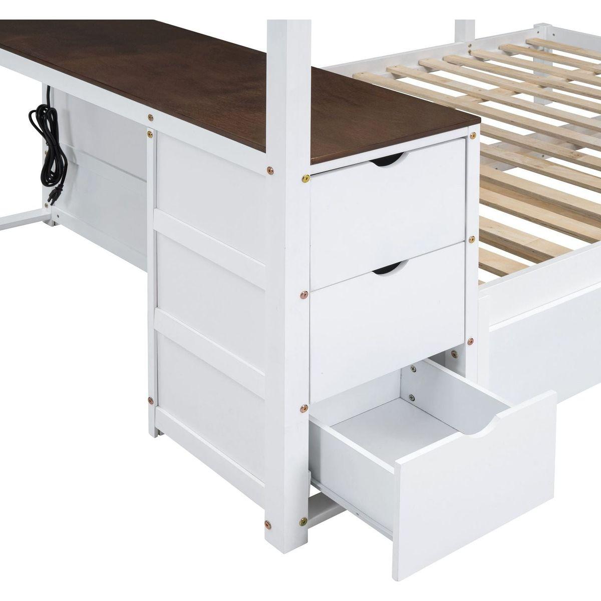 Full-Over-Full Bunk Bed with Twin size Trundle, Storage and Desk, White+Walnut