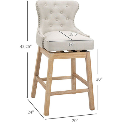 Upholstered Fabric Bar Height Bar Stools, 180 Swivel Nailhead-Trim Pub Chairs, 30" Seat Height with Rubber Wood Legs, Set of 2, Cream