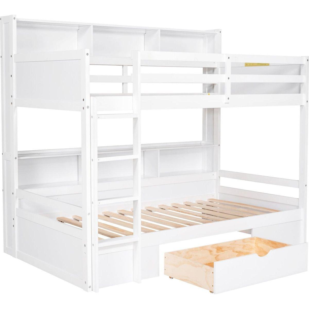 Twin Size Bunk Bed with Built-in Shelves Beside both Upper and Down Bed and Storage Drawer,White