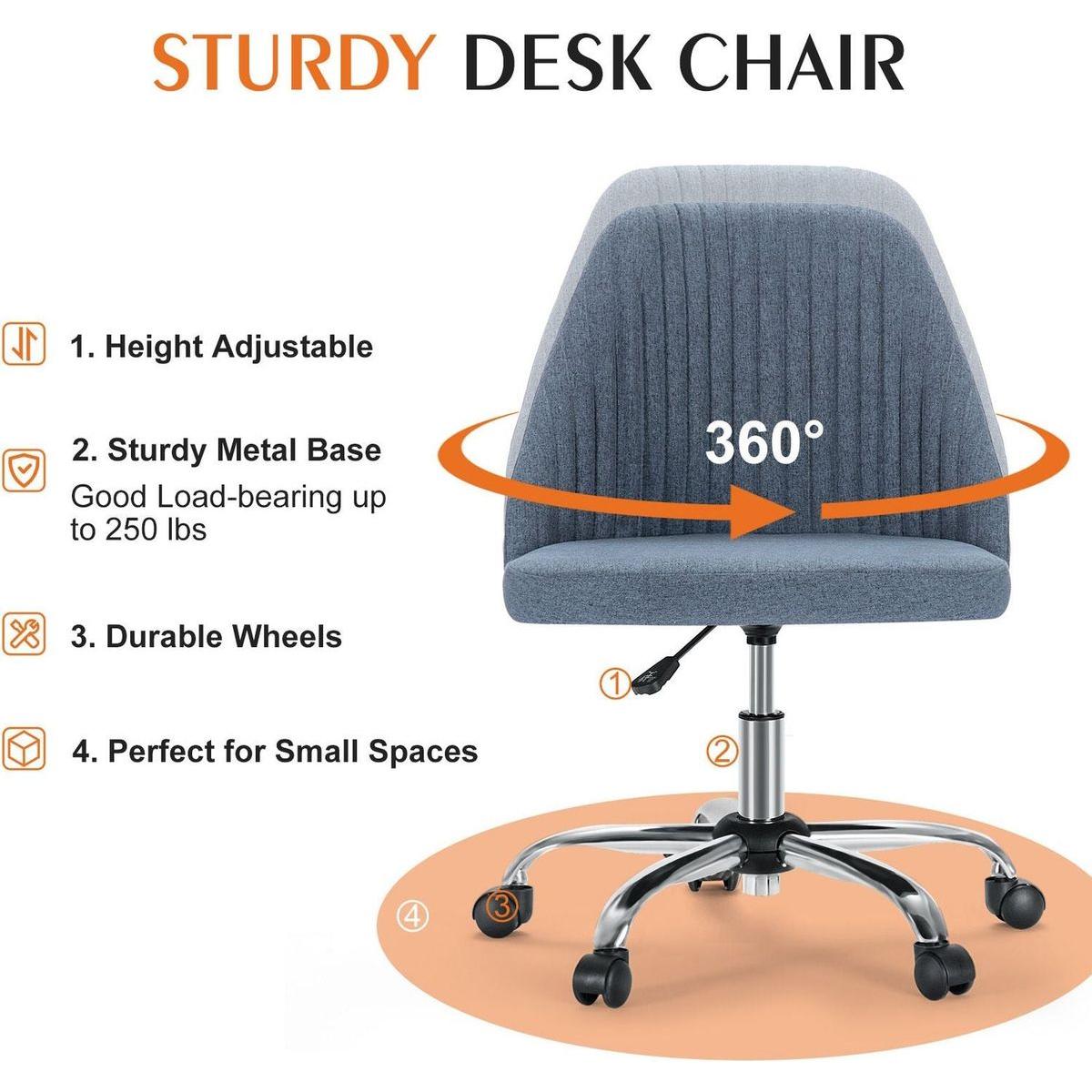 Armless Home Office Desk Chair with Wheels Adjustable Swivel Task Computer Vanity Chair for Small Spaces