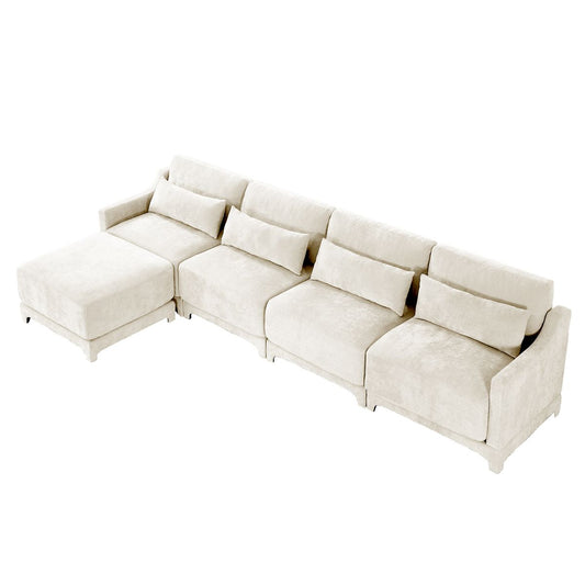 Elegant Four-Seater Sofa with Movable Ottoman in White Chenille Fabric and Ergonomic Design