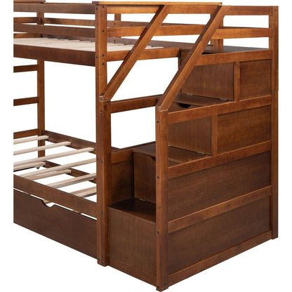 Twin-Over-Twin Bunk Bed with Twin Size Trundle and 3 Storage Stairs,Walnut