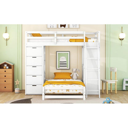 Twin over Twin Bunk Bed with LED Light and USB Ports, White
