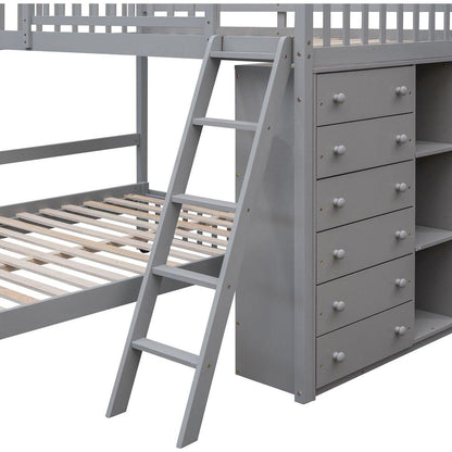 Wooden Twin Over Full Bunk Bed With Six Drawers And Flexible Shelves,Bottom Bed With Wheels,Gray