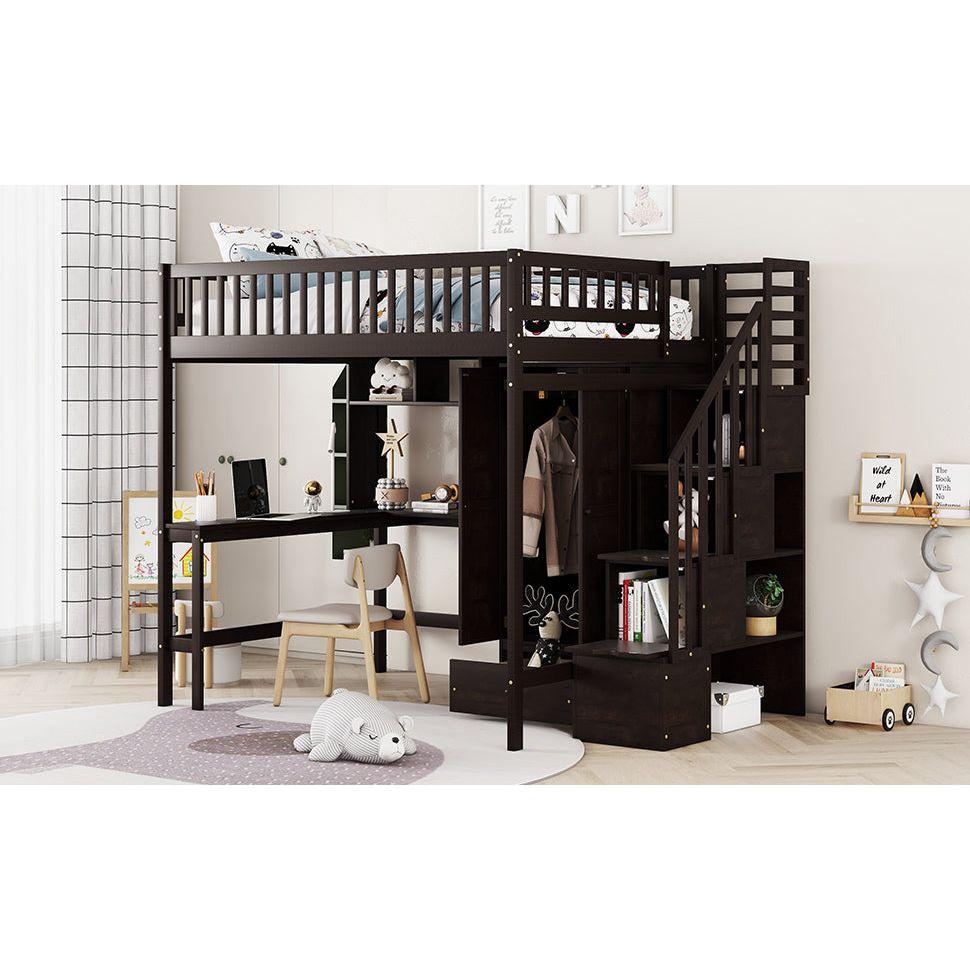 Full size Loft Bed with Bookshelf,Drawers,Desk,and Wardrobe-Espresso