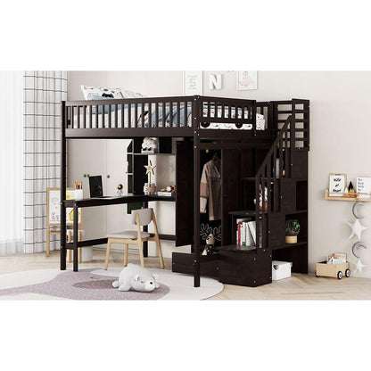 Full size Loft Bed with Bookshelf,Drawers,Desk,and Wardrobe-Espresso