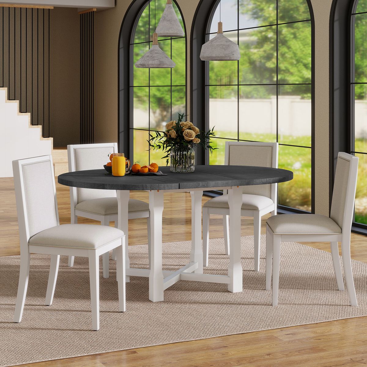 TREXM 5-Piece Extendable Dining Table Set for 4, Round Dining Table for 4 with Upholstered Chairs, Farmhouse Kitchen Table Set with Removable Leaf for Dining Room and Kitchen (Grey+White)