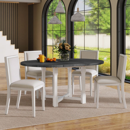 TREXM 5-Piece Extendable Dining Table Set for 4, Round Dining Table for 4 with Upholstered Chairs, Farmhouse Kitchen Table Set with Removable Leaf for Dining Room and Kitchen (Grey+White)