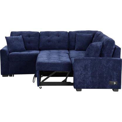 82.6" L-shape Sofa Bed Pull-out Sleeper Sofa with Wheels, USB Ports, Power Sockets for Living Room, Navy Blue