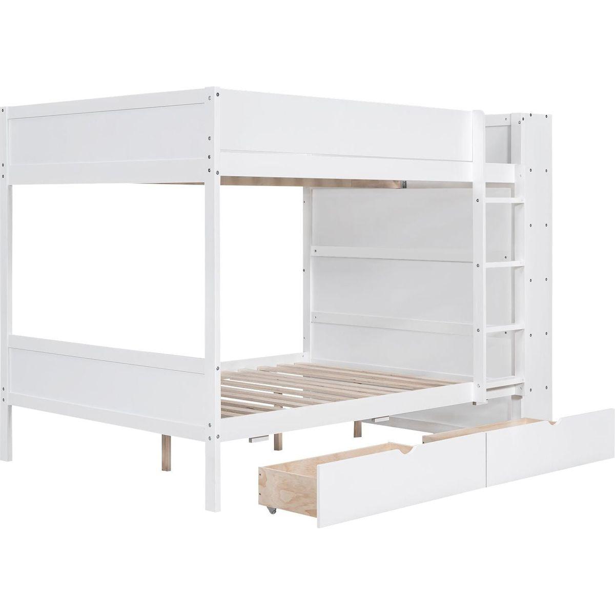 Full over Full Bunk Bed With 2 Drawers and Multi-layer Cabinet, White