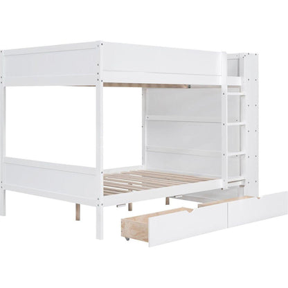 Full over Full Bunk Bed With 2 Drawers and Multi-layer Cabinet, White