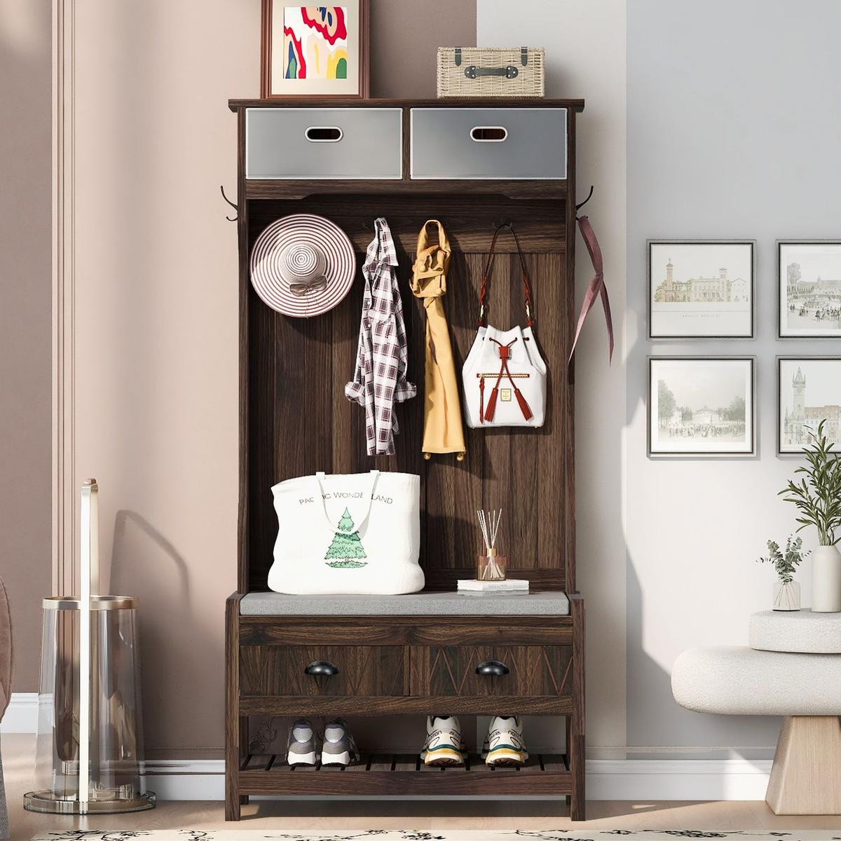 Hall Tree with 6 Hooks and Hinged Lid, Coat Hanger, Entryway Bench, Storage Bench, 3-in-1 Design, 69INCH, for Entrance, Hallway