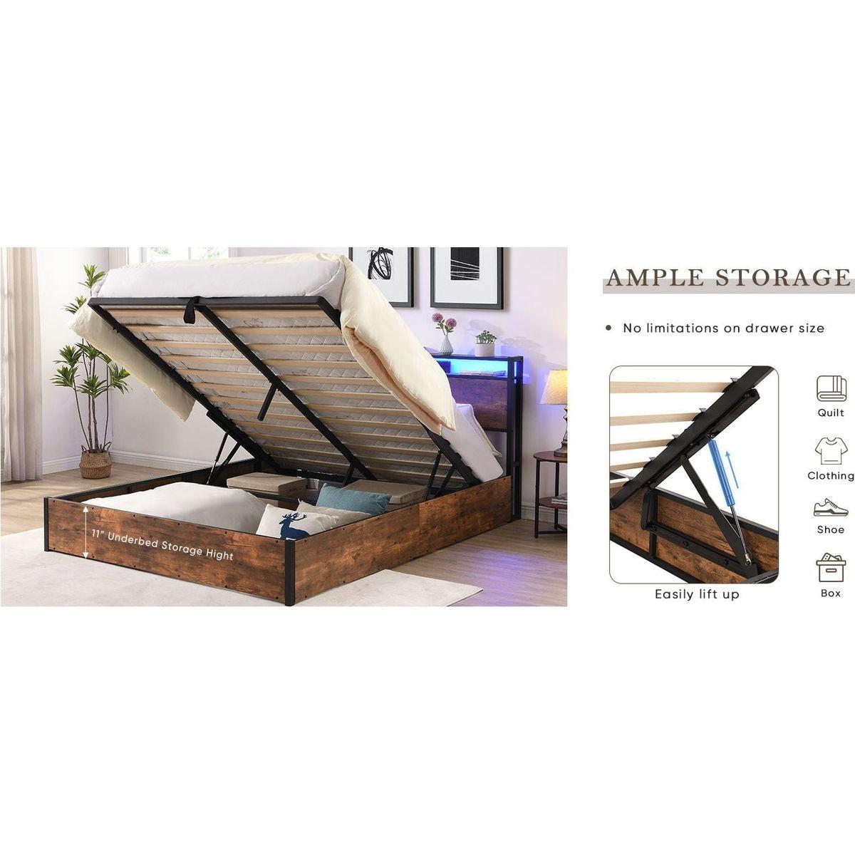 Lift-up Storage Bed Frame, Full Size Bed Frame with Bookcase Headboard & LED Lights, Wooden Platform Bed Frame with Charging Station, No Spring Box Needed, Rustic Brown