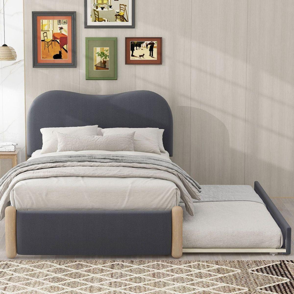Twin Size Upholstered Platform Bed with Wood Supporting Feet and Twin Size Trundle, Gray