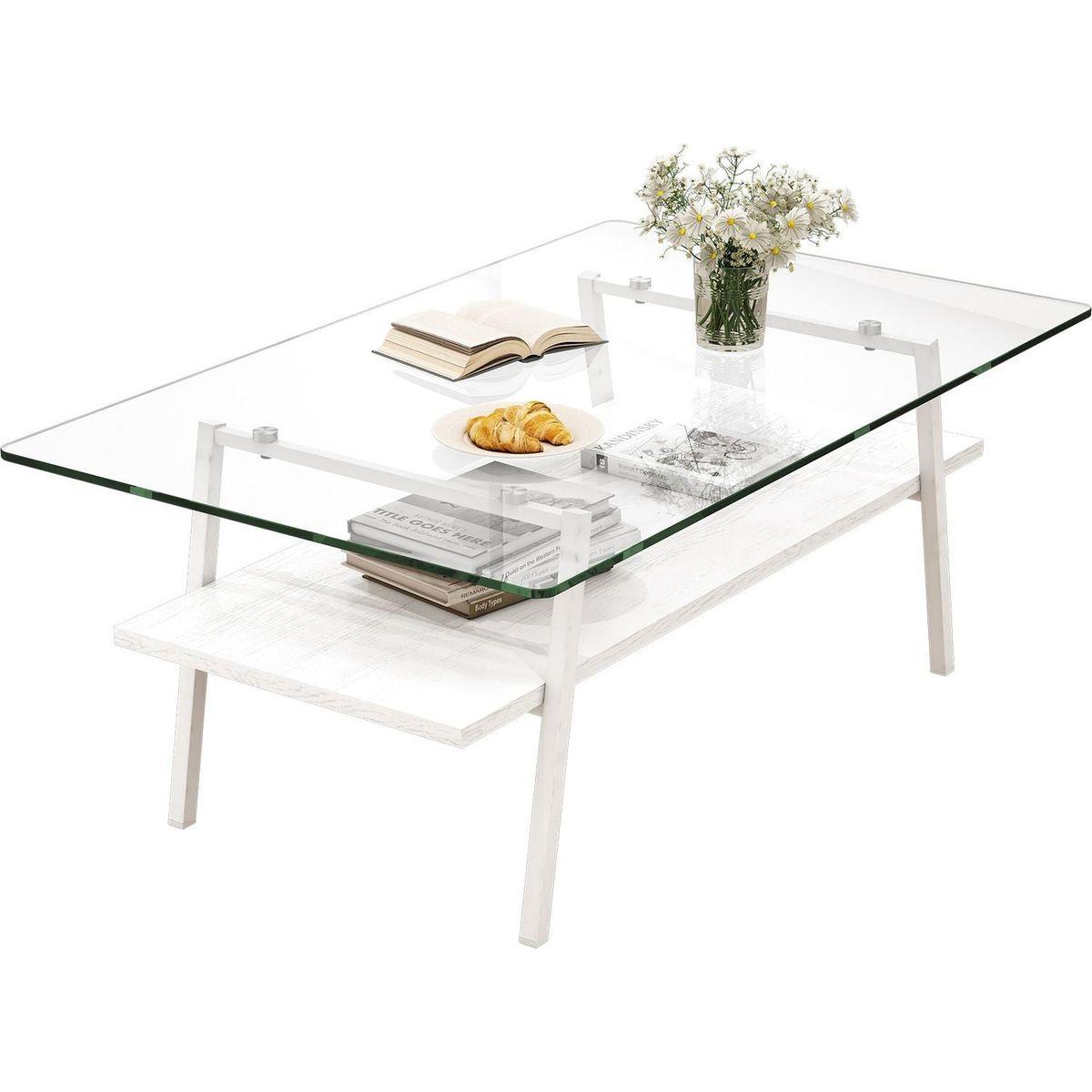 Rectangle Coffee Table, Tempered Glass Tabletop with White Metal Legs, Modern Table for Living Room, Transparent Glass