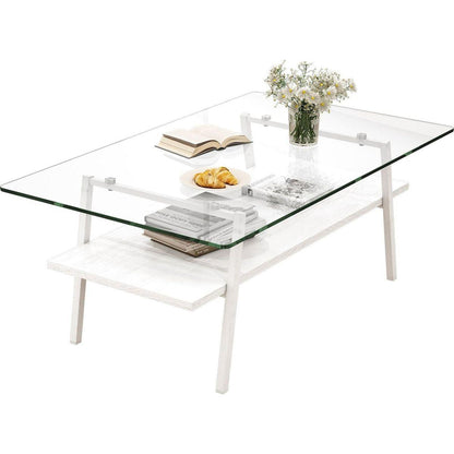 Rectangle Coffee Table, Tempered Glass Tabletop with White Metal Legs, Modern Table for Living Room, Transparent Glass