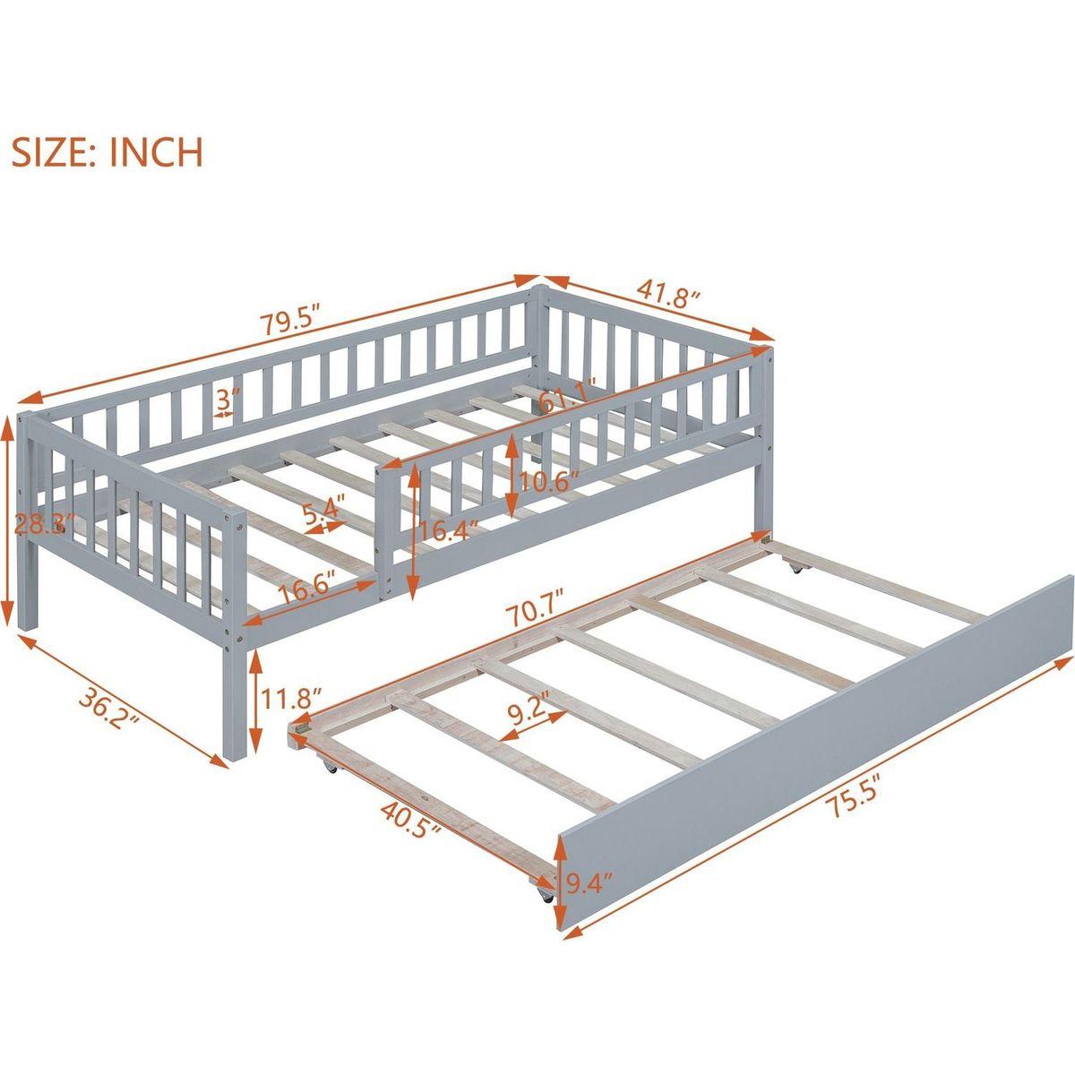 Twin Size Wood Daybed with Trundle and Fence Guardrails, Gray