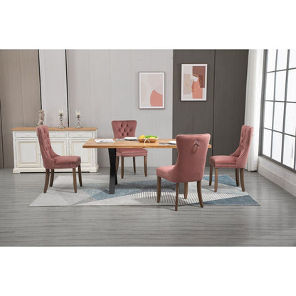 Upholstered Button Tufted Back Pink Velvet Dining Chair with Nailhead Trim and Solid Wood Legs 2 Sets