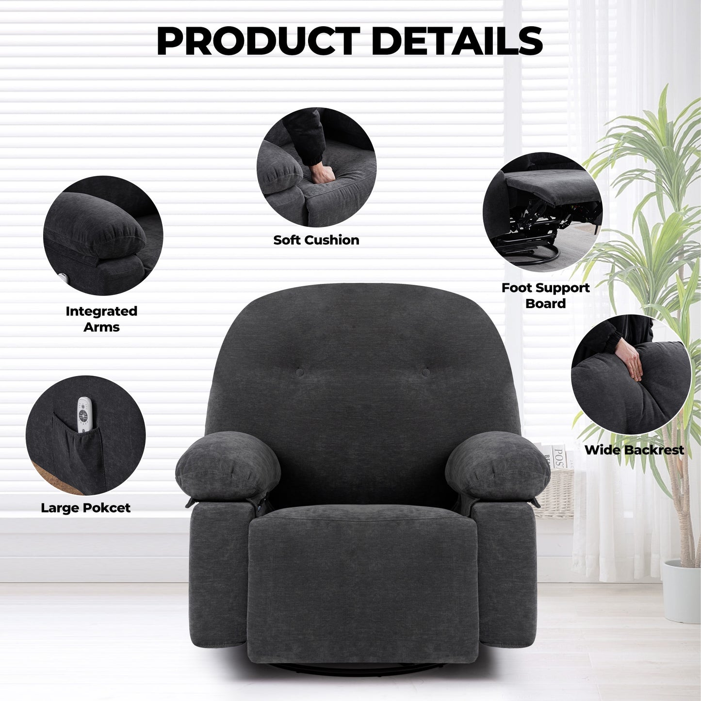 Modern Chenille Recliner Chairs Swivel Massage Rocker Recliner with Heat