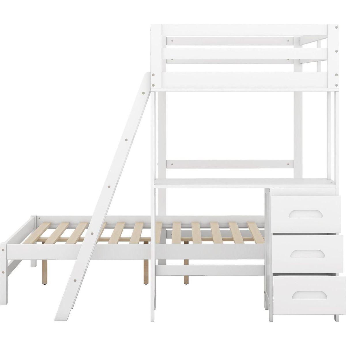 Twin over Full Bunk Bed with Built-in Desk and Three Drawers,White