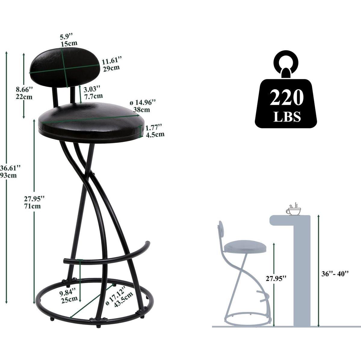 Bar Stools Upholstered Counter Height Barstools for Kitchen Island Set of 2 Modern PU Leather Dining Chairs with Footrest (Black)