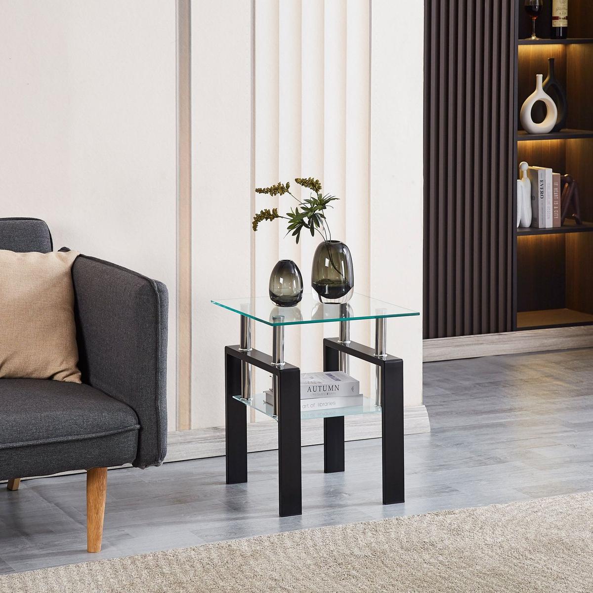 Tempered Transparent Glass End Table, 2-Layers Small Table with Storage, Living Room Side Table
