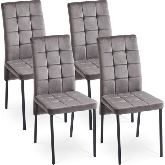 Grey Velvet High Back Nordic Dining Chair Modern Fabric Chair with Black Legs, Set Of 4