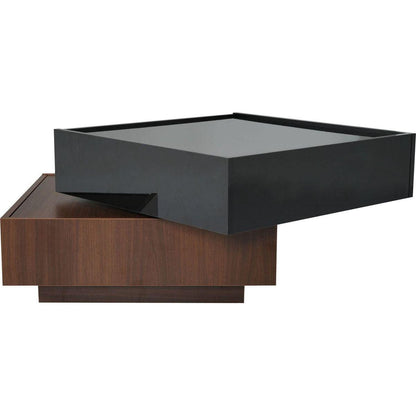 Multi-functional Square 360Rotating Coffee Table with 2 Drawers, High Gloss 2-Tier Center Table with Swivel Tabletop and Storage, Walnut Table Frame Side Table for Living Room, Black