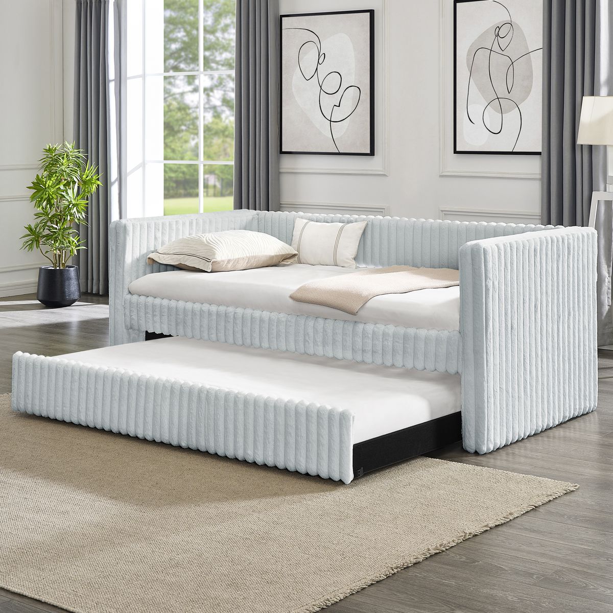 Twin Size Daybed, Upholstered sofa bed,The bottom pulls out to form a bed ,Striped corduroy fabric- Light grey(86'*43.5'*34')