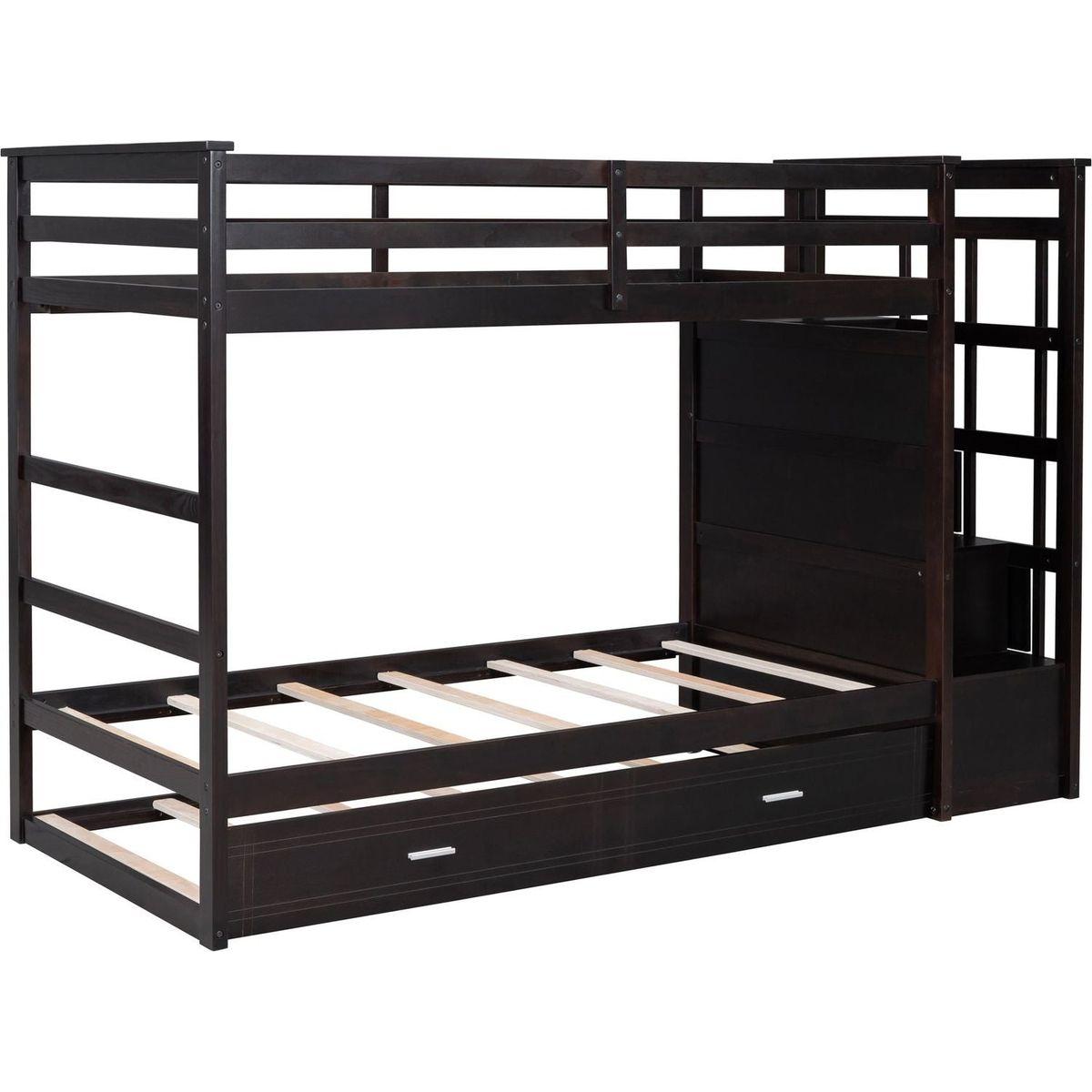 Twin Over Twin Bunk Bed with Trundle and Staircase,Espresso