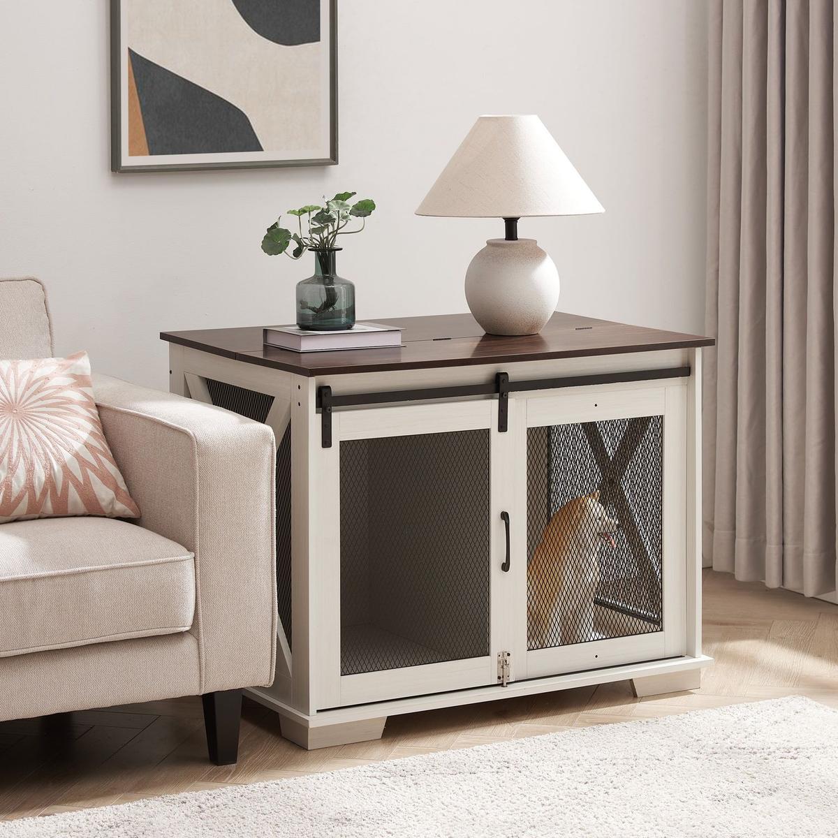 Farmhouse Dog Cage Crate Furniture with Sliding Barn Door, Farmhouse Wooden Dog Kennel End Table with Flip-top Plate Dog House with Detachable Divider for Small/Medium/Large Dog White