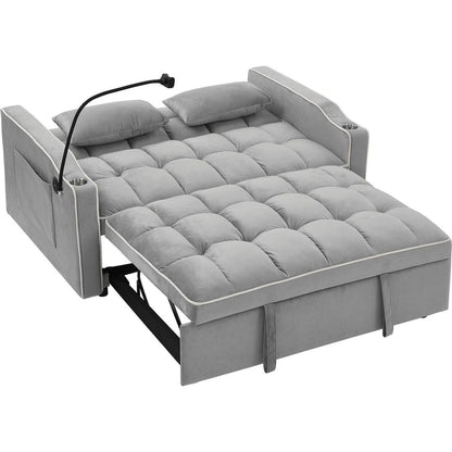 55.51 inch versatile foldable sofa bed in 3 lengths, modern sofa sofa sofa velvet pull-out bed, adjustable back and with USB port and ashtray and swivel phone stand (Grey)