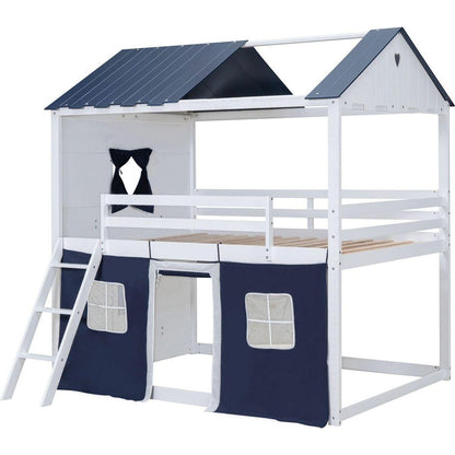 Full Size Bunk Wood House Bed with Elegant Windows, Sills and Tent, Blue+White