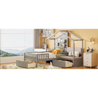 Twin Size House Bed with Upholstered Sofa, House Bed with Charging Station, Wireless Charging, Shelves and Two Drawers, Gray