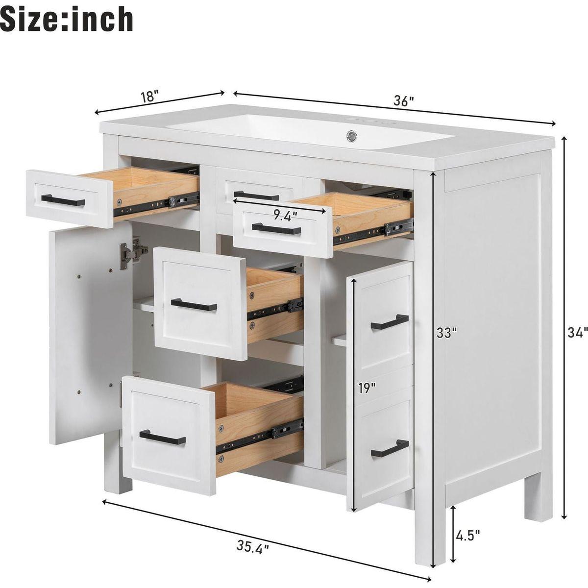 36" Bathroom Vanity Cabinet with Resin Integrated Sink - 4 Drawers, 2 Doors