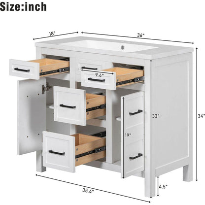 36" Bathroom Vanity Cabinet with Resin Integrated Sink - 4 Drawers, 2 Doors