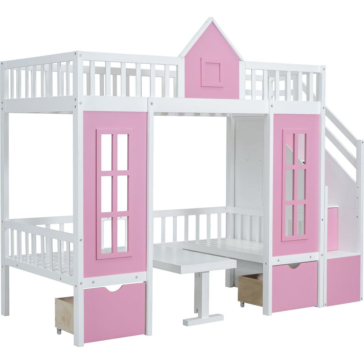 Twin-Over-Twin Bunk Bed with Changeable Table, Bunk Bed Turn into Upper Bed and Down Desk -Pink