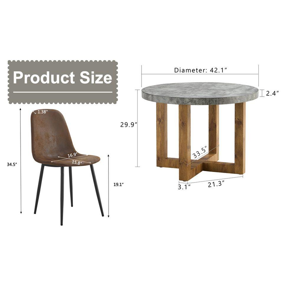 A modern and practical circular dining table. Made of MDF tabletop and wooden MDF table legs. A set of 4 brown cushioned chairs.